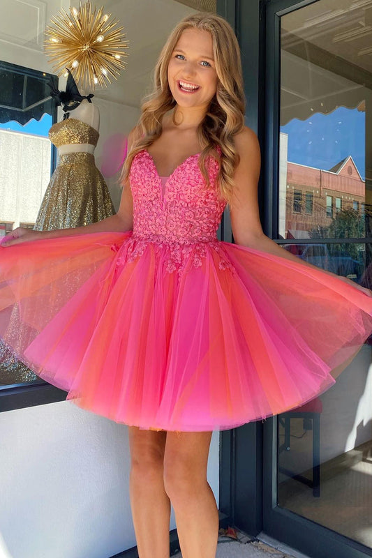 Fuchsia Orange Homecoming Dress Tulle Spaghetti Straps Party Dress with Appliques