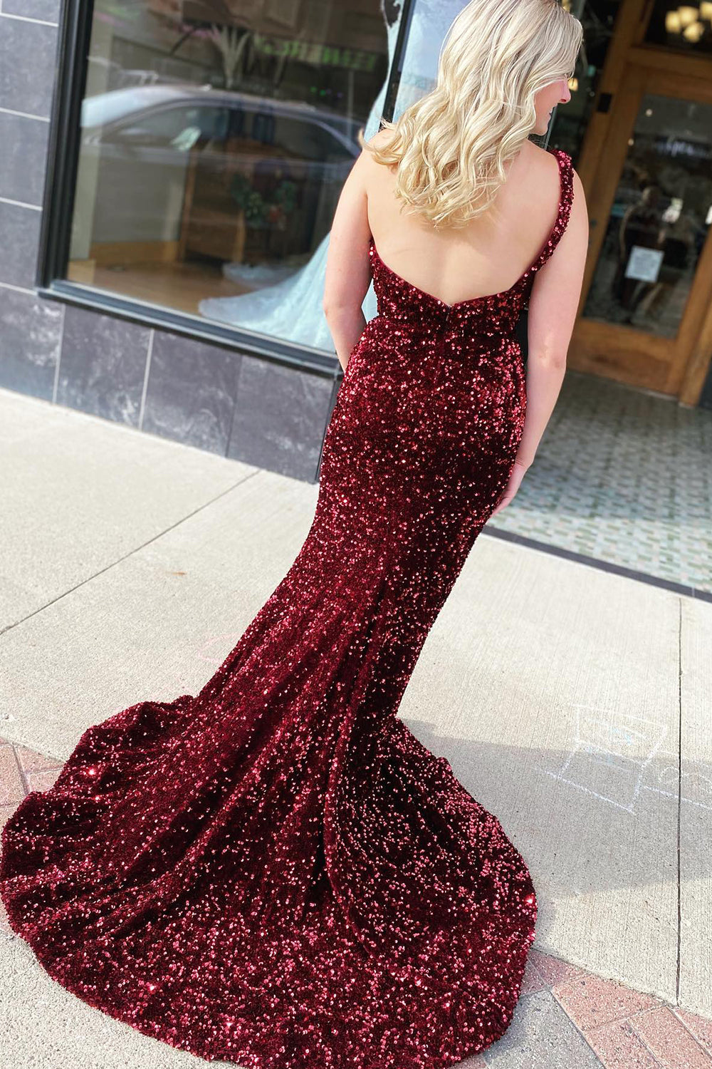 Sheath One Shoulder Red Sequins Prom Dress with Slit