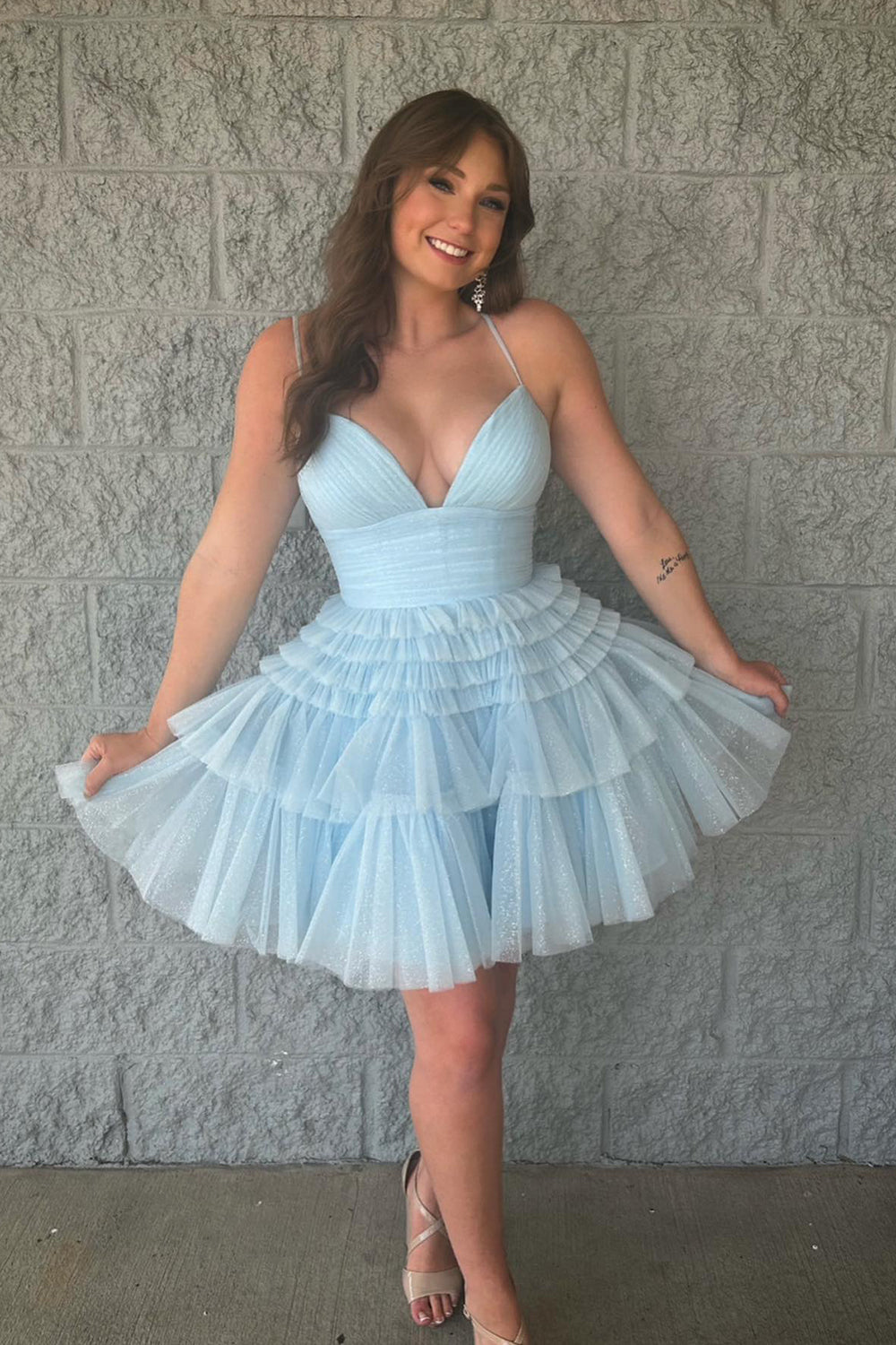 Sparkly Light Blue A-Line Tulle Tiered Short Homecoming Dress