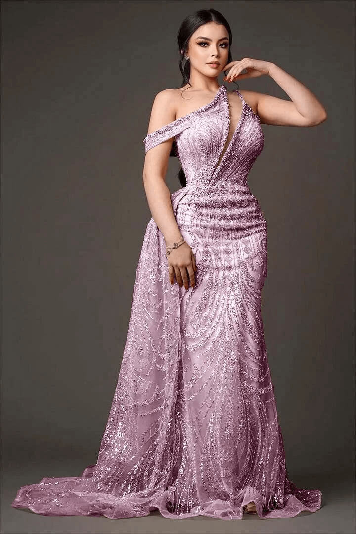 Champagne Mermaid Prom Dress Asymmetric Neck Beaded Formal Dress