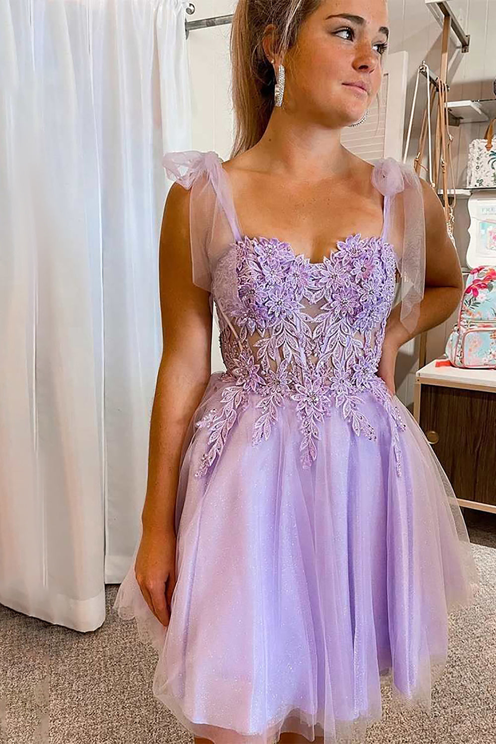 Purple Corset A-Line Tulle Short Homecoming Dress with Lace