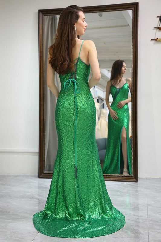 Sparkly Dark Green Mermaid Long Prom Dress With Slit