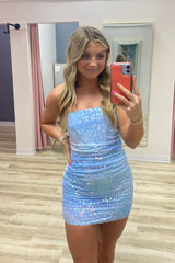 Sparkly Light Blue Strapless Tight Short Sequins Homecoming Dress