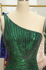 Glitter Dark Green One Shoulder Beaded Tight Homecoming Dress