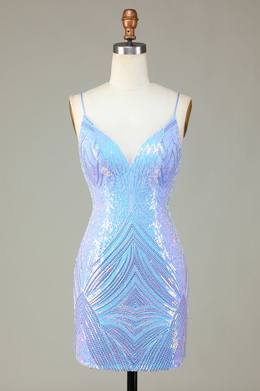 Sparkly Sheath Spaghetti Straps Blue Sequins Short Homecoming Dress with Backless