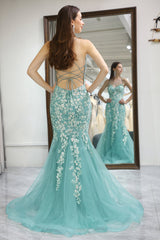 Light Green Mermaid Long Corset Prom Dress With Appliques