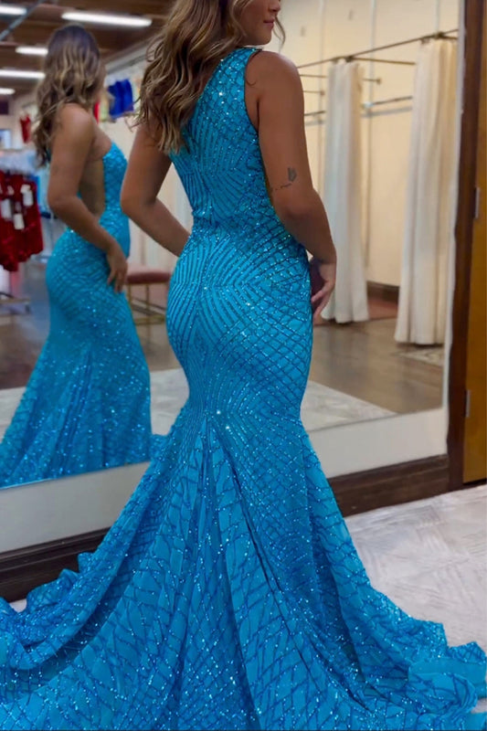 Sparkly Blue Sequins Mermaid One Shoulder Long Prom Dress