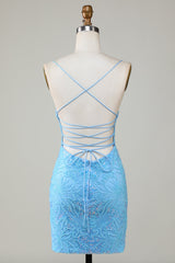 Sparkly Blue Lace-Up Back Tight Beaded  Short Homecoming Dress