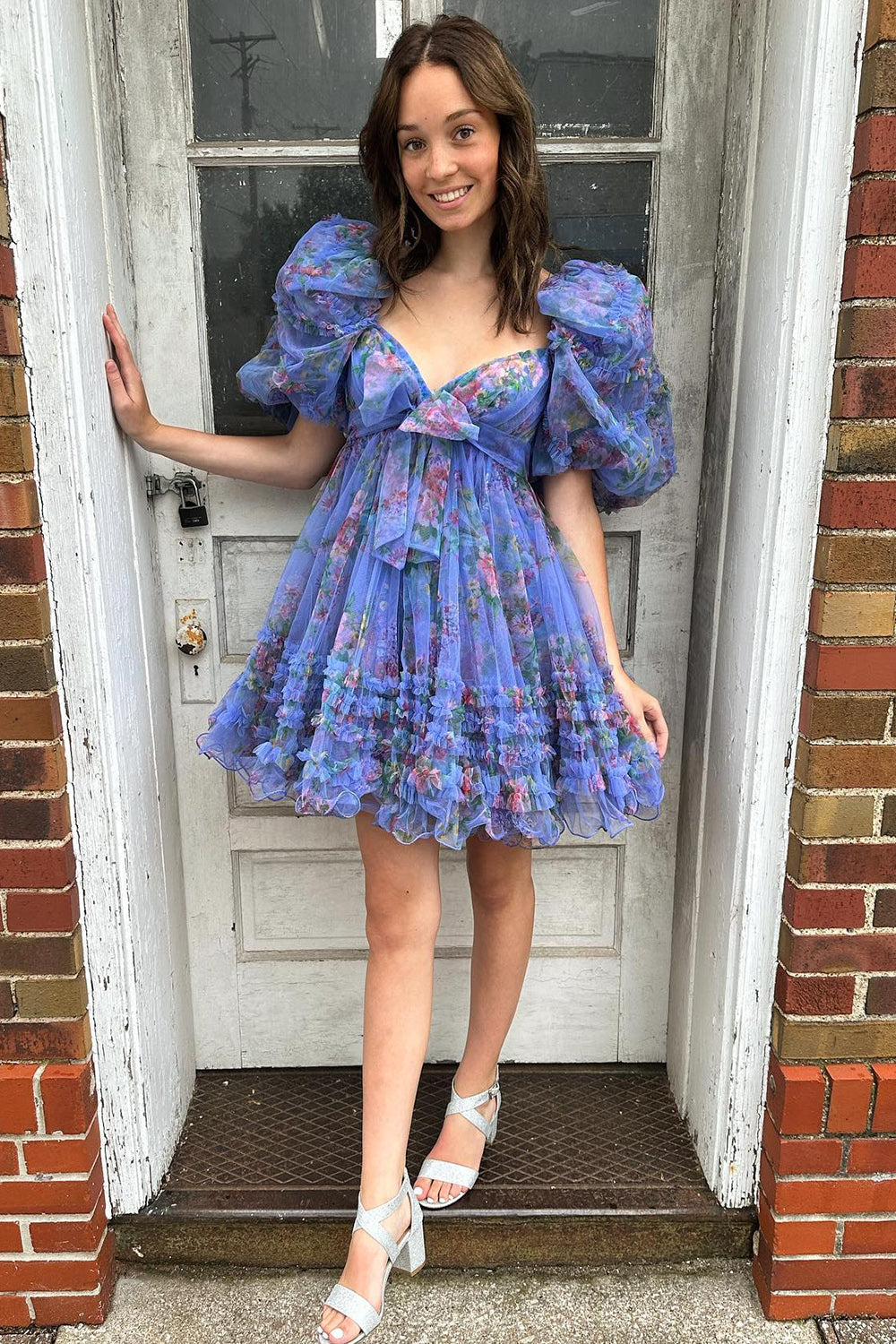 Dark Blue Puff Sleeves A-Line Floral Short Homecoming Dress with Ruffles