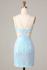 Sparkly Spaghetti Straps Blue Sequins Tight Short Homecoming Dress