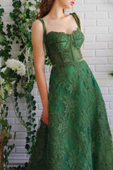 Emerald Green Strapless Spaghetti-Strap Evening Dress with Applique A-Line