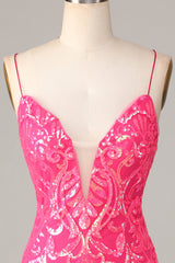 Sheath Spaghetti Straps Fuchsia Sequins Short Homecoming Dress