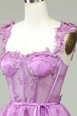 Cute A Line Sweetheart Purple Corset Homecoming Dress with Appliques