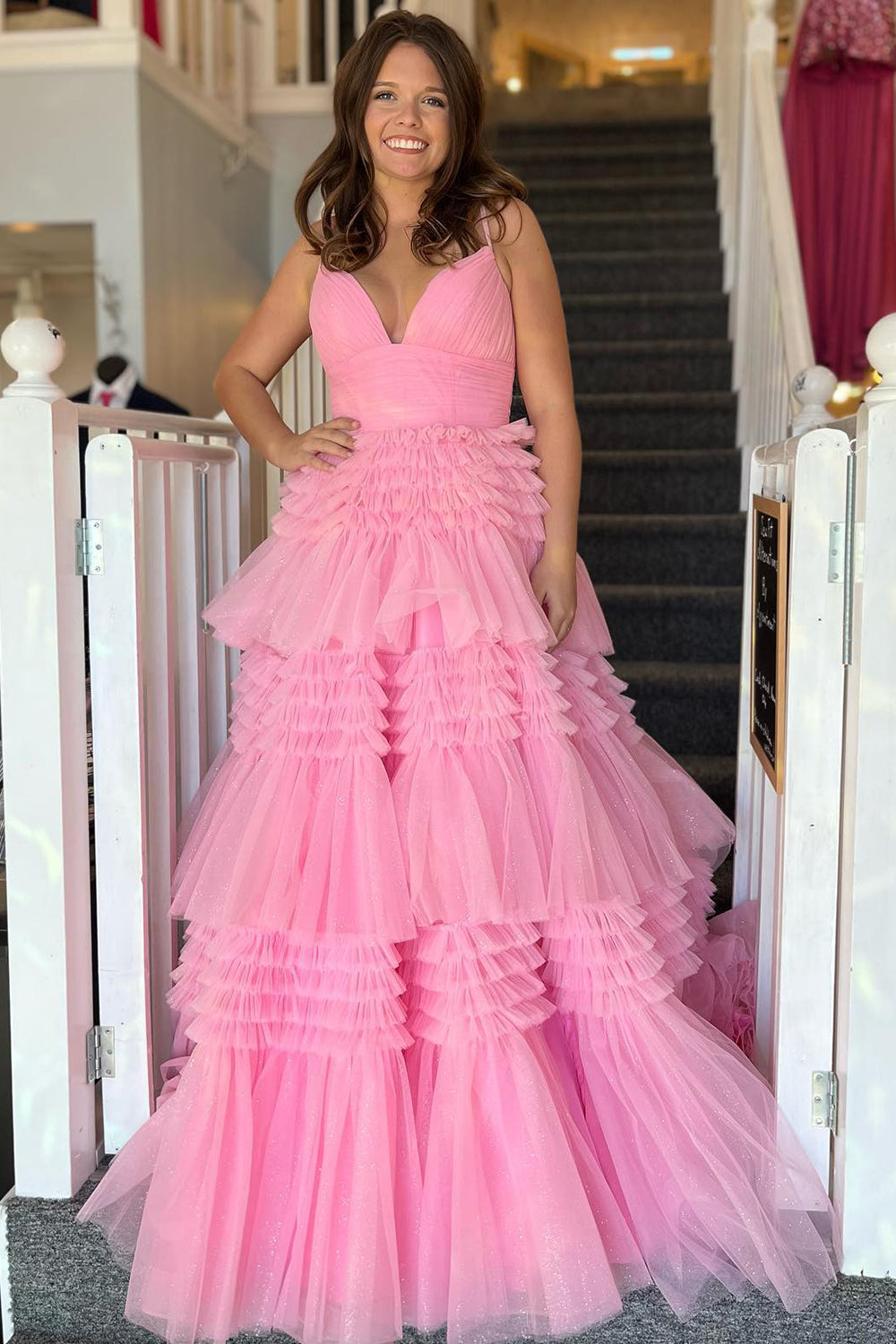 Red Tulle Spaghetti Straps Long Prom Dress