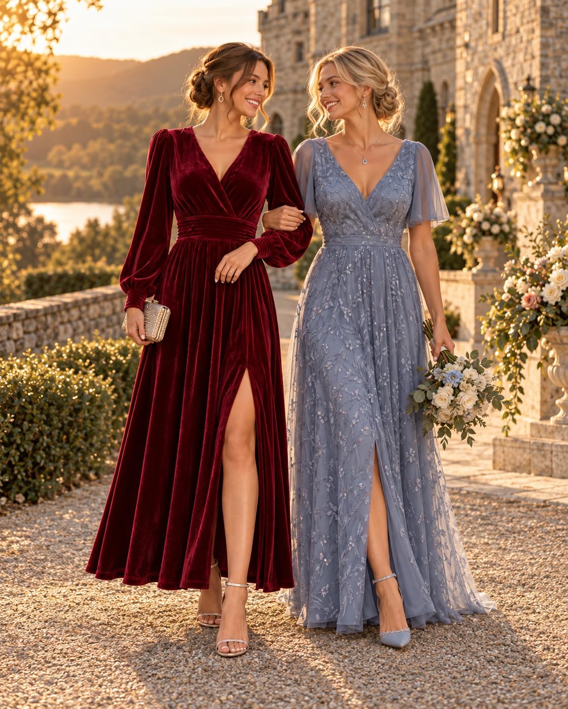 Velvet V-Neck Evening Dress with Bishop Sleeves and Side Slit