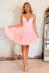 Glitter Blue A-Line Tulle Tiered Short Homecoming Dress