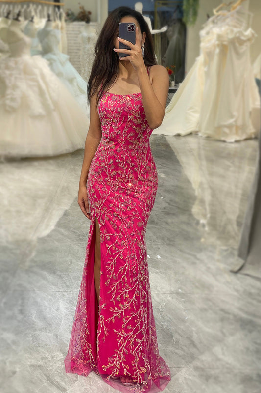 Sparkly Fuchsia Mermaid Long Appliqued Prom Dress With Slit