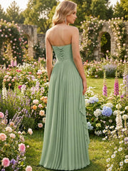 Strapless Chiffon Evening Dress with Pleats and Cascading Ruffle Hem