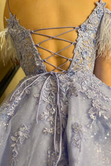 Sparkly Lavender Corset A-Line Lace Short Homecoming Dress With Feathered Detachable Sleeves