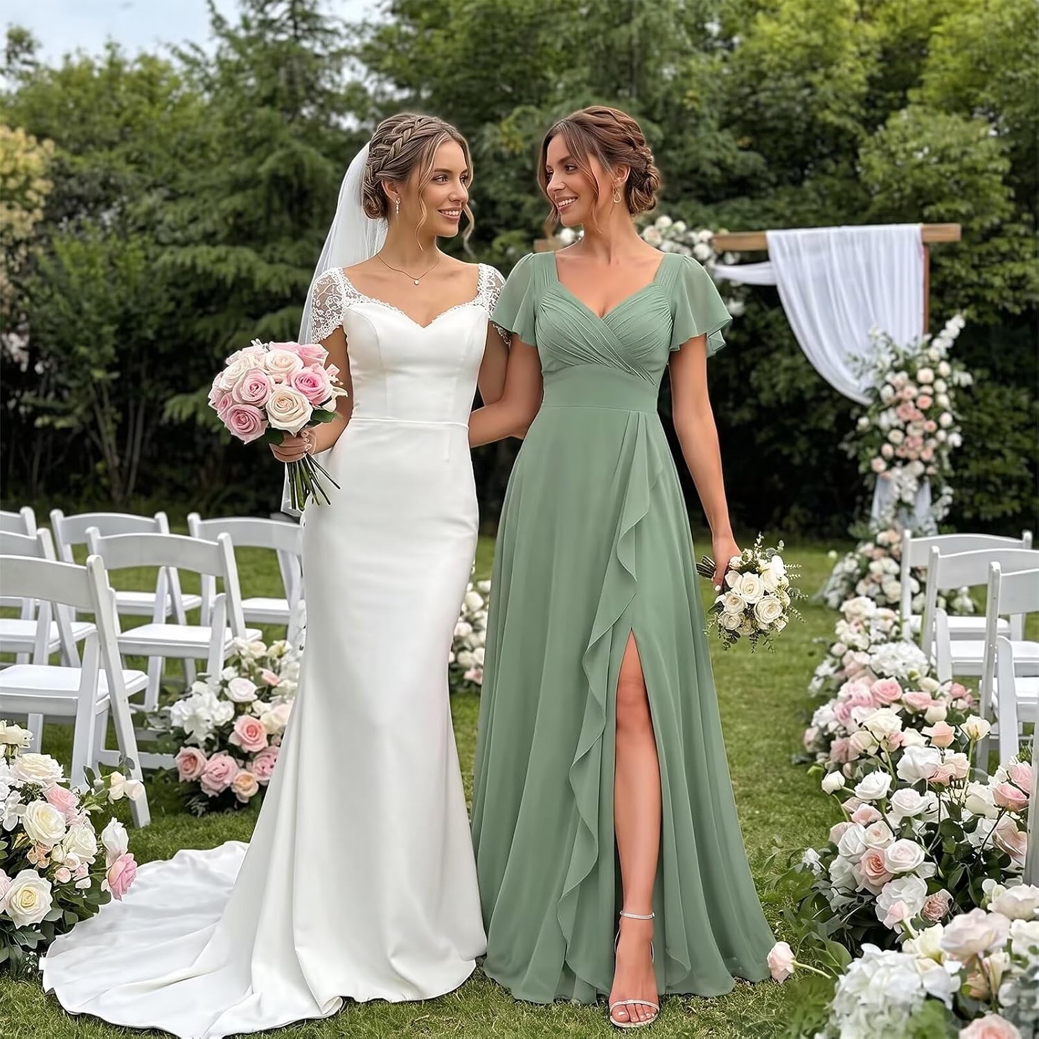 Chiffon V-Neck Bridesmaid Dress with Flutter Sleeves and Slit