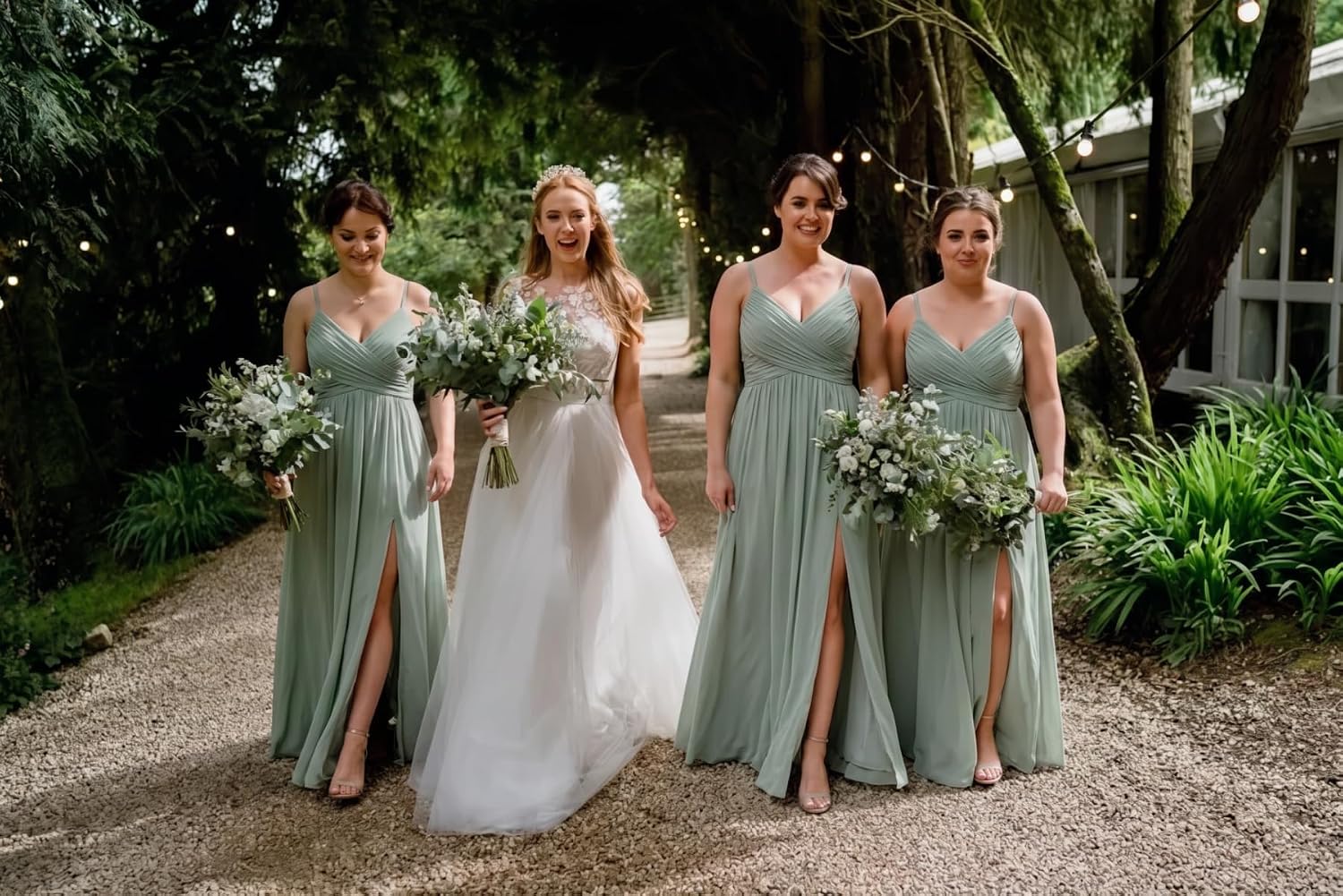 Spaghetti Strap Pleated Chiffon Bridesmaid Dress with V-Neck and Slit