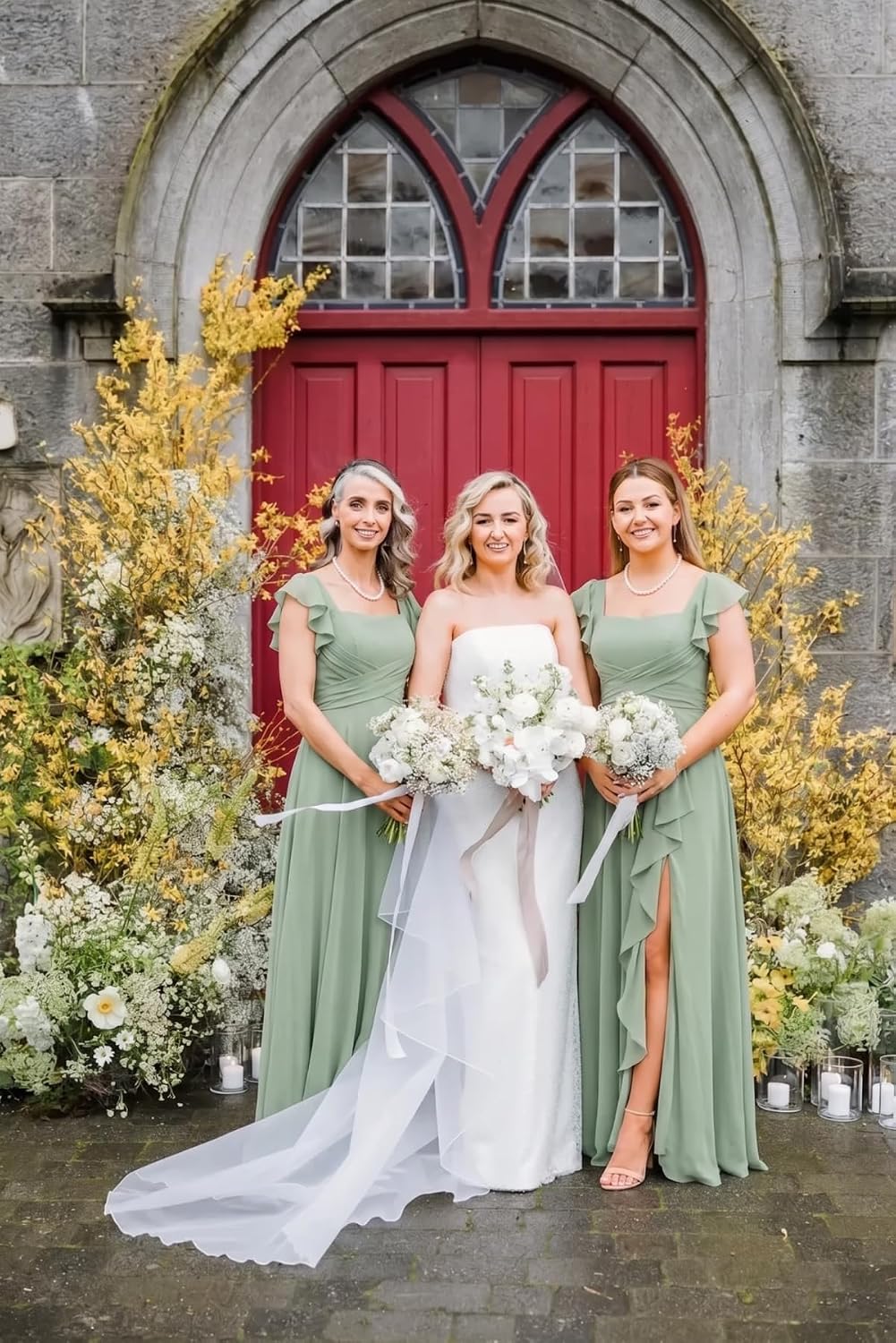 Cascading Ruffle Chiffon Bridesmaid Dress with Flutter Sleeves and Slit