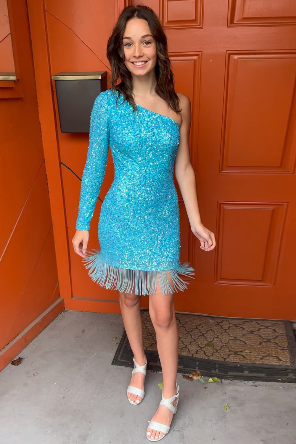 Sparkly Blue Sequined One Shoulder Tight Short Homecoming Dress with Fringes