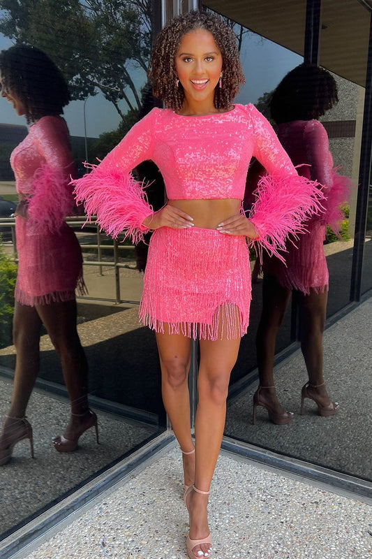 Sparkly Fuchsia Sequin Fringed Tight Short Homecoming Dress with Feathers