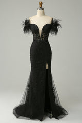 Black Mermaid Lace Long Prom Dress with Feathers