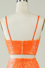 Two Piece Orange Sequins Tight Homecoming Dress