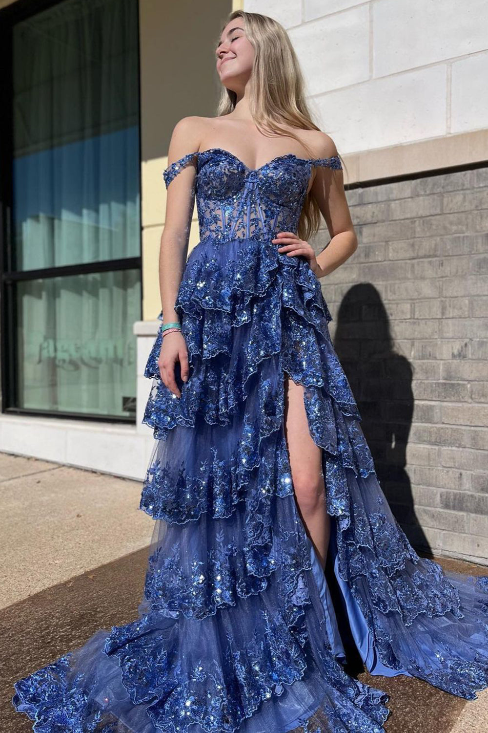 Sparkly Fuchsia Ruffled Long Prom Dress with Slit