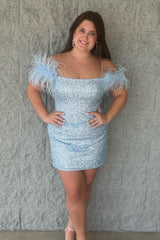 Sparkly Lilac Sequins Tight Short Homecoming Dress with Feathers