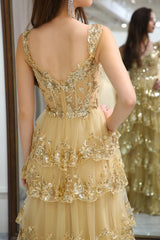 Sparkly Golden Tiered A-Line Long Prom Dress with Lace