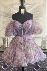 Purple Floral A-Line Short Homecoming Dress