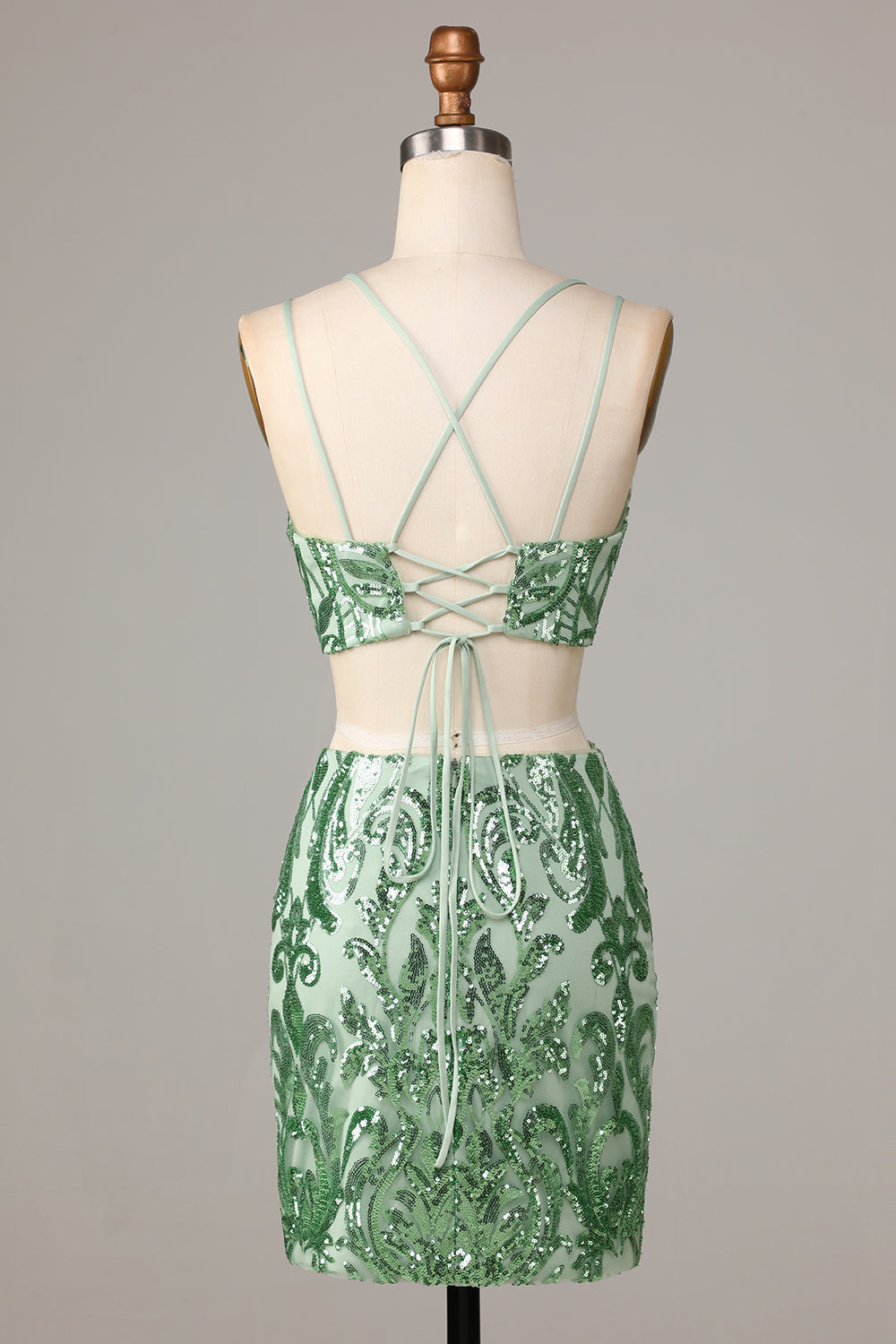 Two Piece Spaghetti Straps Green Sequins Short Homecoming Dress