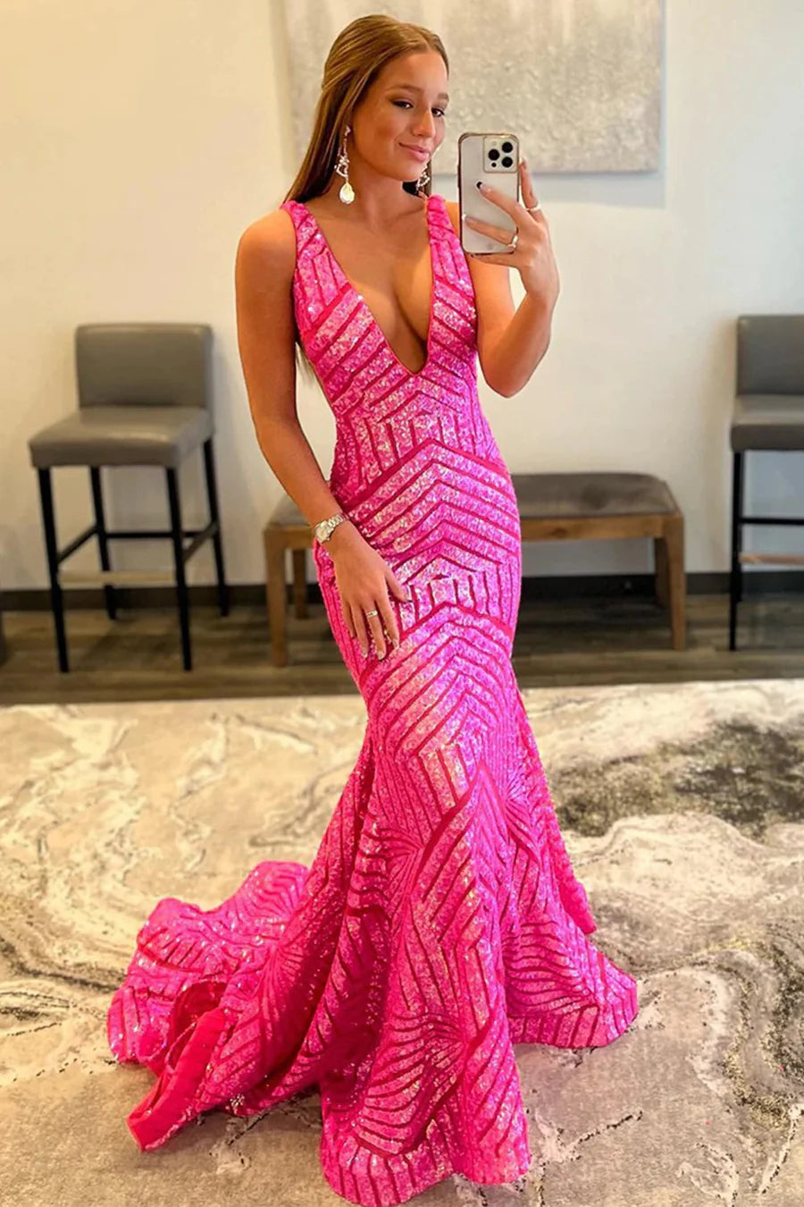 Orange Sparkly Deep V Neck Sequin Mermaid Prom Dress