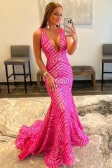 Fuchsia Deep V Neck Sequin Mermaid Prom Dress