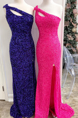 Blue Evening Dress One Shoulder Mermaid Sequin Prom Dress