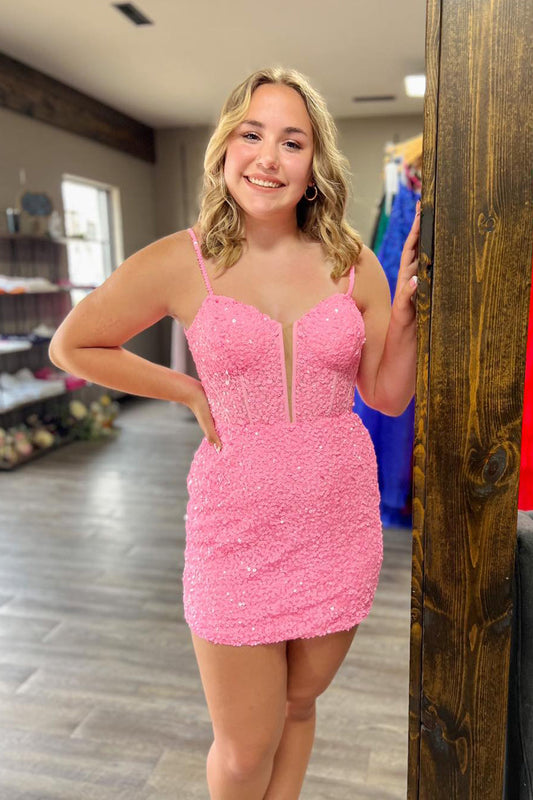 Sparkly Pink Sequins Corset Tight Short Homecoming Dress