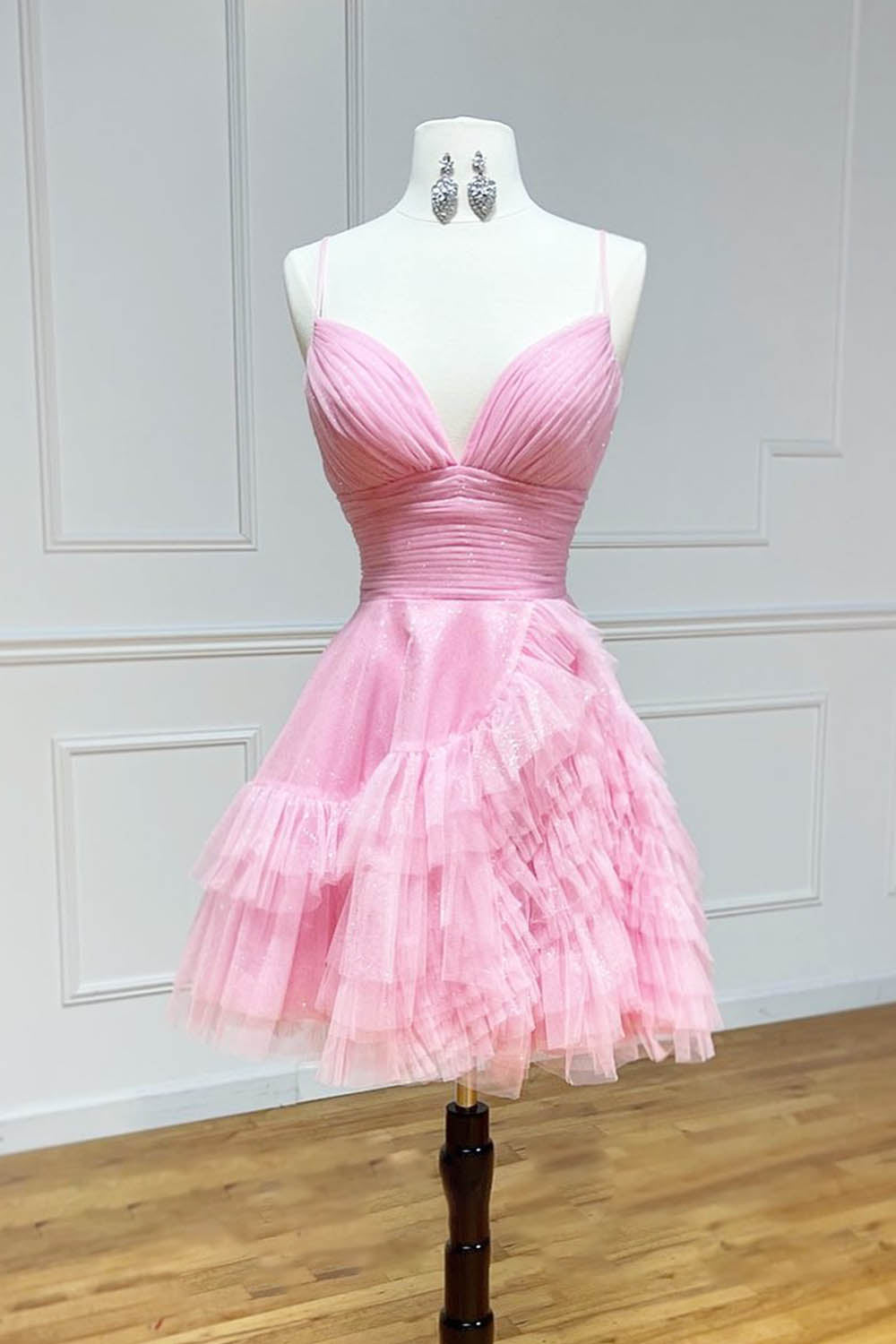 Glitter Pink Tulle A-Line Short Ruffled Homecoming Dress