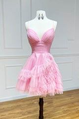 Glitter Pink Tulle A-Line Short Ruffled Homecoming Dress