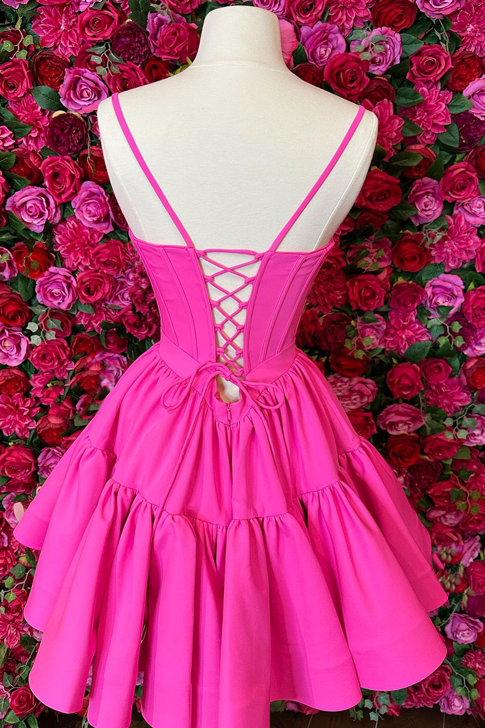 Fuchsia Spaghetti Straps Lace-Up Back A-Line Short Satin Homecoming Dress