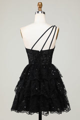 Glitter One Soulder Black Tiered A-Line Lace Short Homecoming Dress