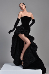 Black Samt Half Sleeves Off-the-Shoulder Evening Dress with High Slit