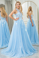 Light Blue A Line One Shoulder Tulle Long Prom Dress With Appliques