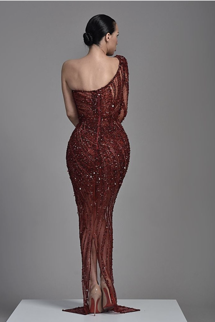 Burgundy One-Shoulder Heavy Sequins Mermaid Evening Dress