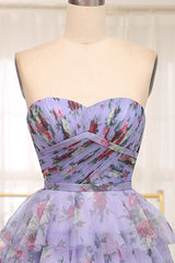 Lavender A Line Strapless Long Tiered Prom Dress With Feathers