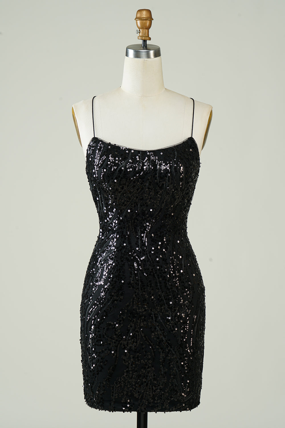 Black Sequins Spaghetti Straps Tight Homecoming Dress