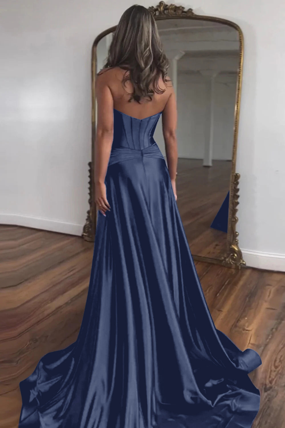 Royal Blue A-Line Corset Satin Long Prom Dress with Slit