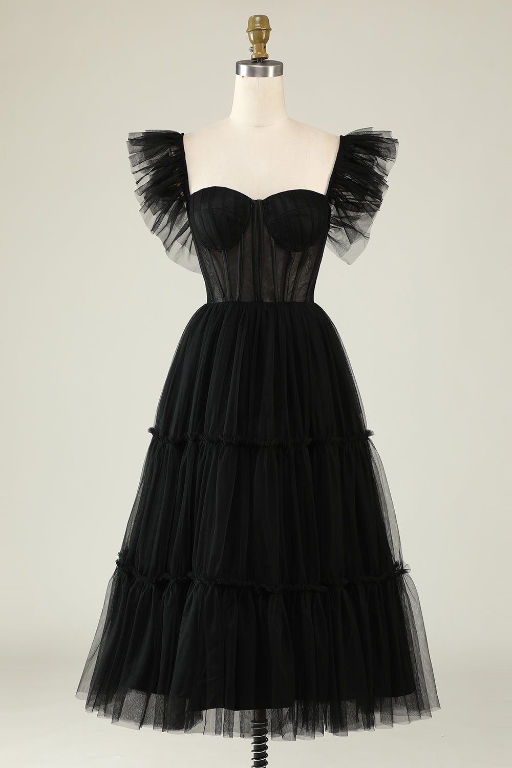 Black A-Line Corset Ruffled Tulle Homecoming Prom Dress